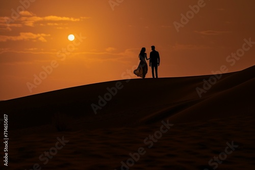 Silhouette of a Couple in Desert at Sunset © Virginie Verglas