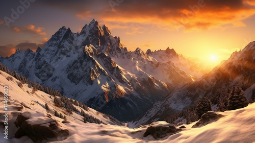 Sunrise Cresting over Snowy Mountain Peaks