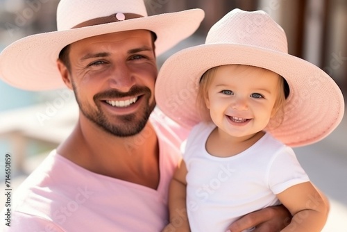 Joyful Father-Daughter Moment in Similar Sun Hats