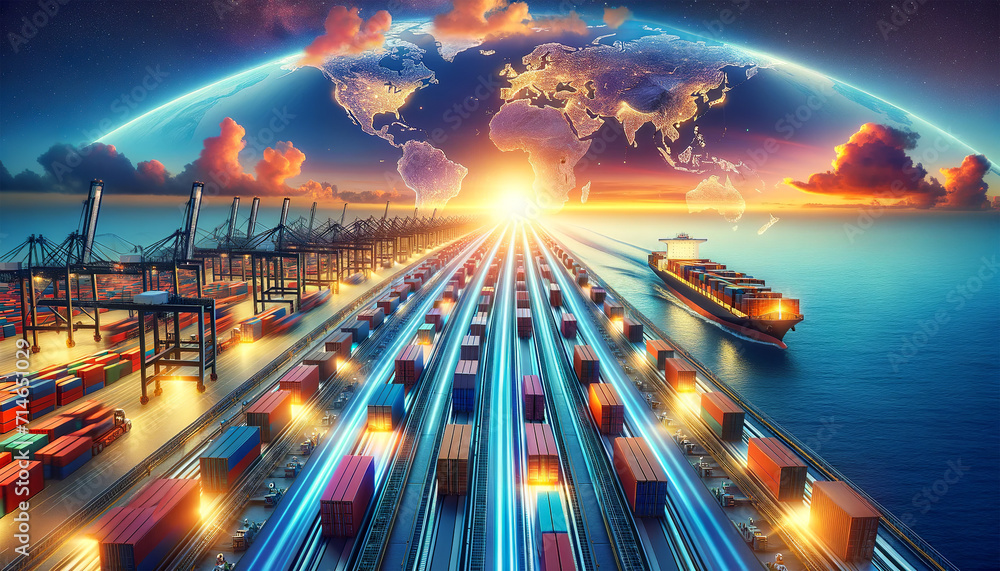 A futuristic portrayal of global trade with a cargo ship at port and trains in motion, overlaid by a glowing world map.Logistics solutions in the future.AI generated. - obrazy, fototapety, plakaty 