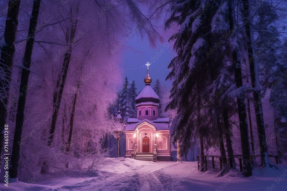 Winter night scene of a church in a snowy forest, adorned in purple colors for Orthodox Christmas. Generative AI