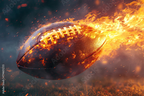 American football flying like a comet with trail of fire and smoke on night sky, black background