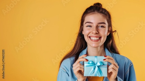 Close up young woman wears blue shirt beige t-shirt hold cover mouth with gift certificate coupon voucher card for store wink blink eye isolated on plain yellow background. People lifestyle concept