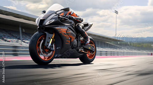 A photo-realistic image of a motorcycle on a race circuit.