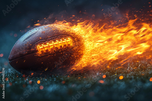 American football flying like a comet with trail of fire and smoke on night sky blue background