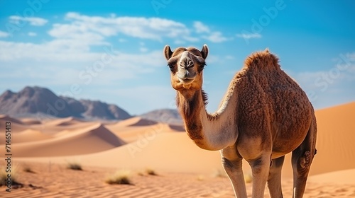 Camels standing in the desert with a bright blue sky. 