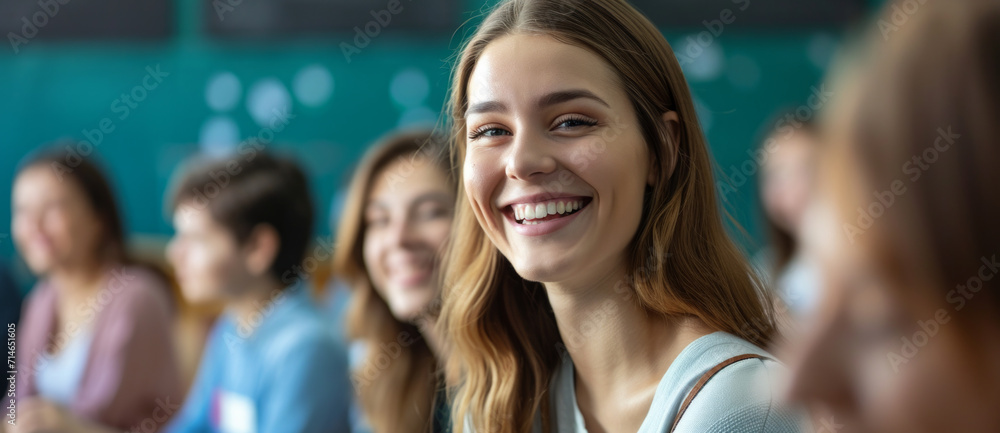 Radiant young student with a captivating smile among peers in a classroom setting, embodying joy in education Radiant young student with a captivating smile among peers in a classroom setting, embodying joy in education