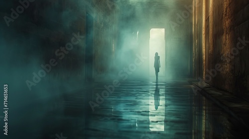 mysterious silhouette of a girl from the fog from the light room © Vuqar