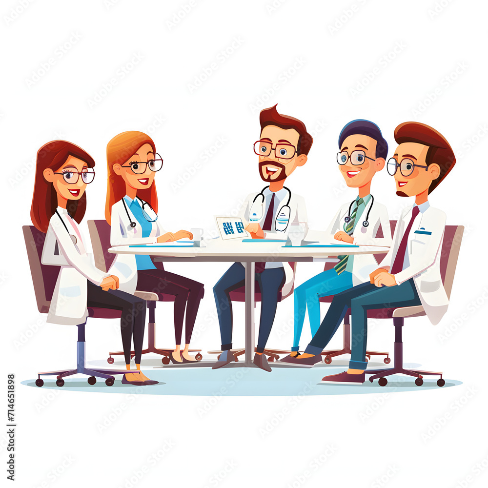 Medical team in a strategic planning meeting isolated on white background, cartoon style, png
