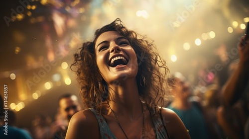 Happy young woman having fun while attending open air music concert at night.