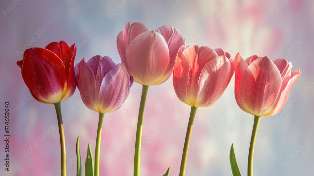 a group of pink and red tulips in front of a blue and pink background with a pink sky in the backround of the tulips.