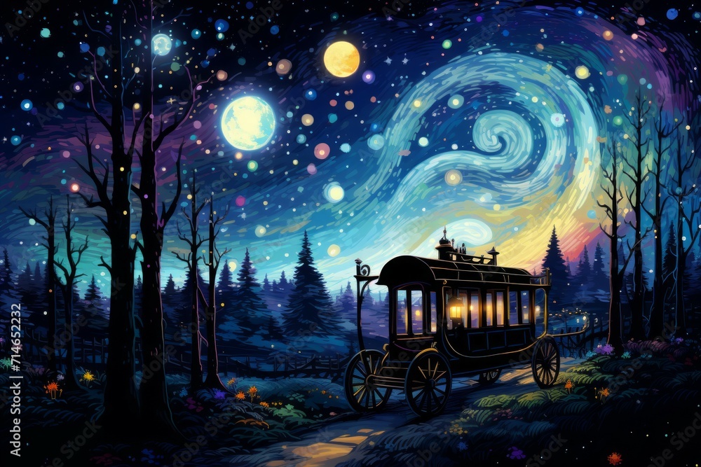 Fototapeta premium Whimsical starry night carriages, traversing the cosmos and granting wishes to dreamers - Generative AI