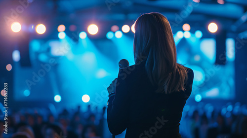 Business Event Host Speaking on Stage with Blue Hue photo
