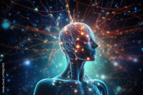 Cyborg brain chip nerve cells Neurobiology, neurochemistry, neurophysiology, Neurons neurotransmission and neuroplasticity. Neural processes, Neuromodulation, drives cognitive functions in mind axon photo