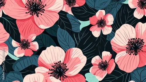  a bunch of pink flowers that are on a blue and pink background with black leaves and pink flowers on a blue and pink background with black leaves and pink flowers.