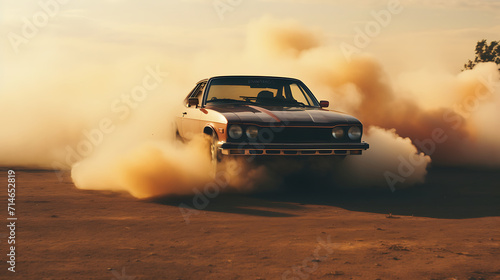 A video of a car drifting through a smoke-filled course.