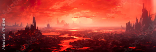 landscape where a series of floating islands are bathed in the surreal glow of a crimson-colored sky. photo