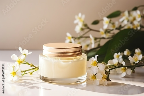 beige and white natural cosmetic  vial and cream jars  gift boxes  flowers on natural background  still life