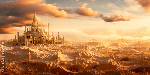 desert landscape where a golden mirage creates illusions of distant cities and palaces photo