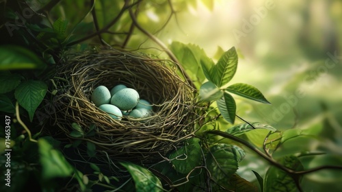  a bird's nest with three eggs in the middle of a green leafy tree branch with sunlight shining through the leaves on the top of the top of the bird's nest.