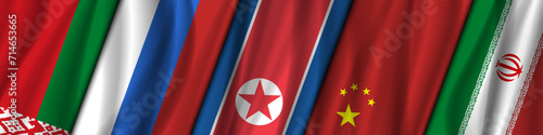Vector wide political banner. Wavy flags of Belarus, Russia, North Korea, China and Iran. Coalition of countries. Friendly Union.