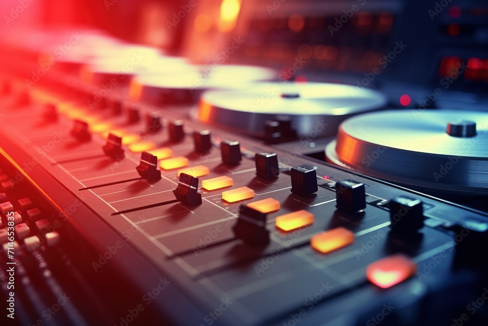 Close-up of a DJ mixer console with turntables and adjustable knobs highlighted by dynamic red and blue stage lighting, essential for music mixing and live performances.