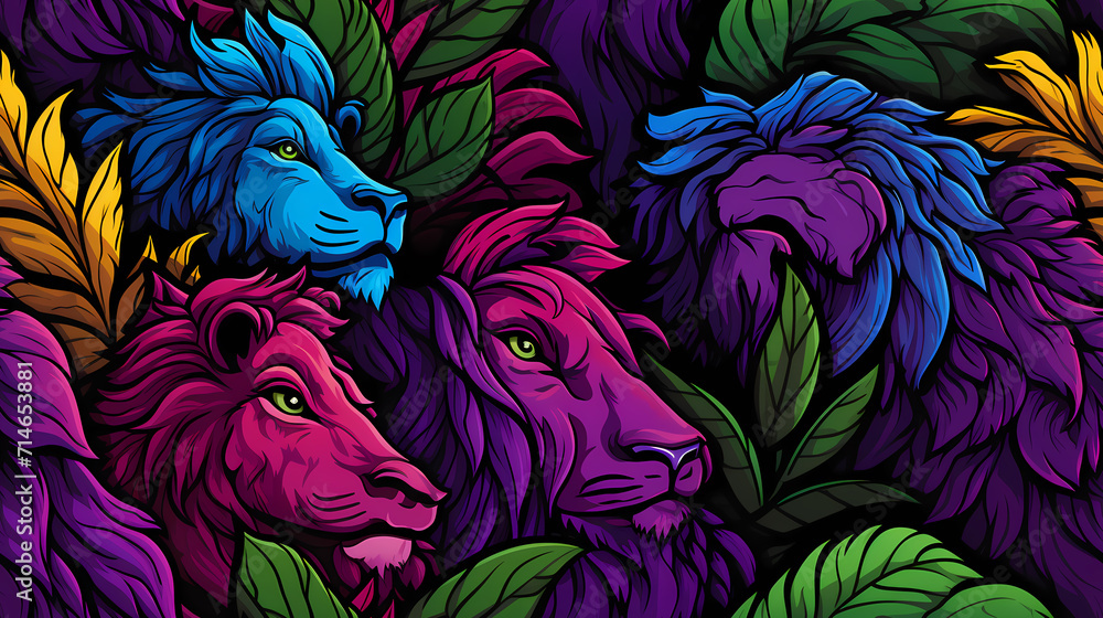 Animal lion psychedelic glitch style, illustration design, seamless glow nature jungle background, wildlife print for covers, booklets, wrappers - obrazy, fototapety, plakaty 