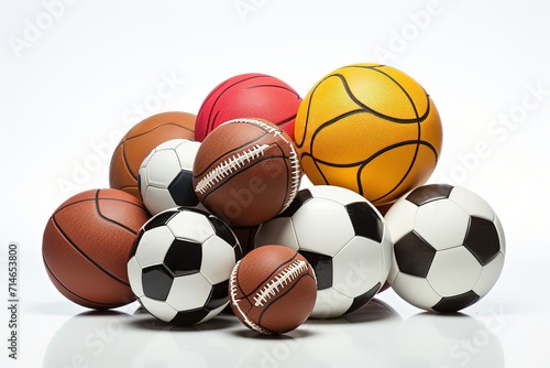 Diverse collection of sports balls, including basketballs, soccer balls, and footballs, piled together against a white background, symbolizing team sports and athleticism. 