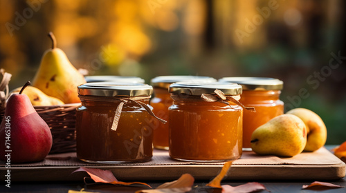 pear jam in a glass jar. pear jam on a wooden background. Delicious natural marmalade