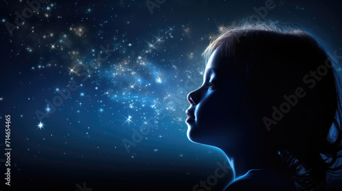 Little girl profile with imaginary world, dreams in her head, stars and space