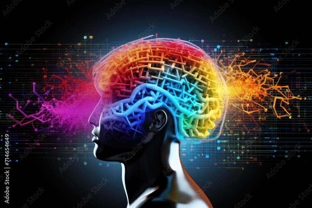 Obraz premium Nebula Neural Colorful Brain Cell Energy Connections, Brain Dots Pattern Neuronal Network, Vibrant Digital Art Microscopic Mycelium Membran, Colored DNA background and motley radiant medical Wallpaper