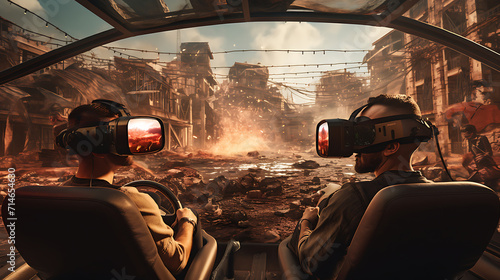 A virtual reality simulation of a car race in a post-apocalyptic setting.