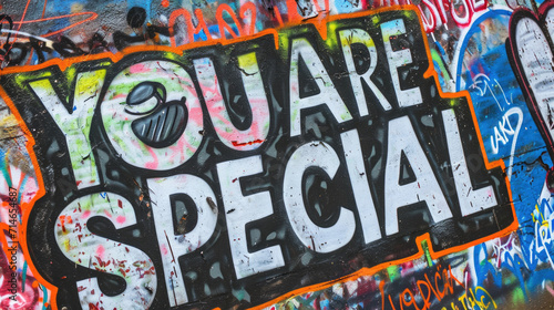 Graffiti wall background with text message YOU ARE SRECIAL and paint splashes