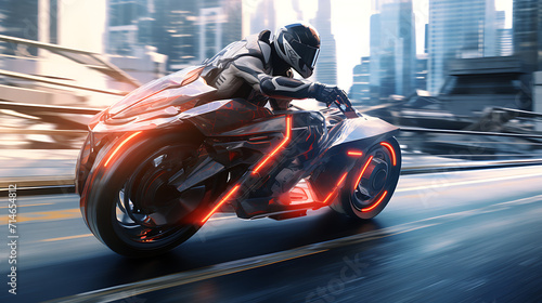 A virtual reality simulation of a motorcycle race in a futuristic city.