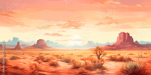 Whimsical desert mirage, with surreal landscapes and shimmering heat . photo
