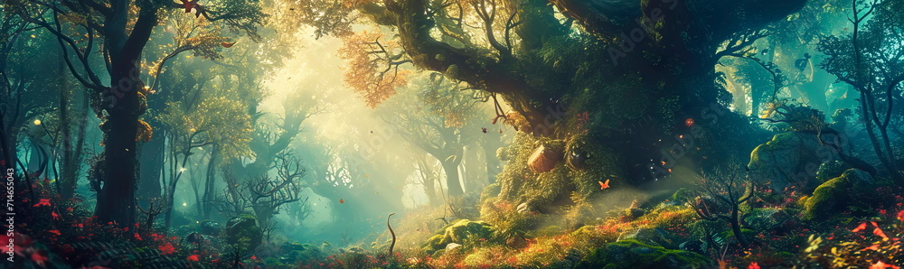 enchanted watercolor forest with fairy-tale creatures, wise old trees, playful spirits. - obrazy, fototapety, plakaty 