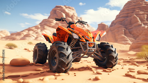 An orange ATV racing in a desert terrain.