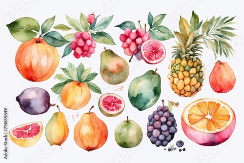 set of tropical watercolor fruits designs, ideal for cards and invitations photo