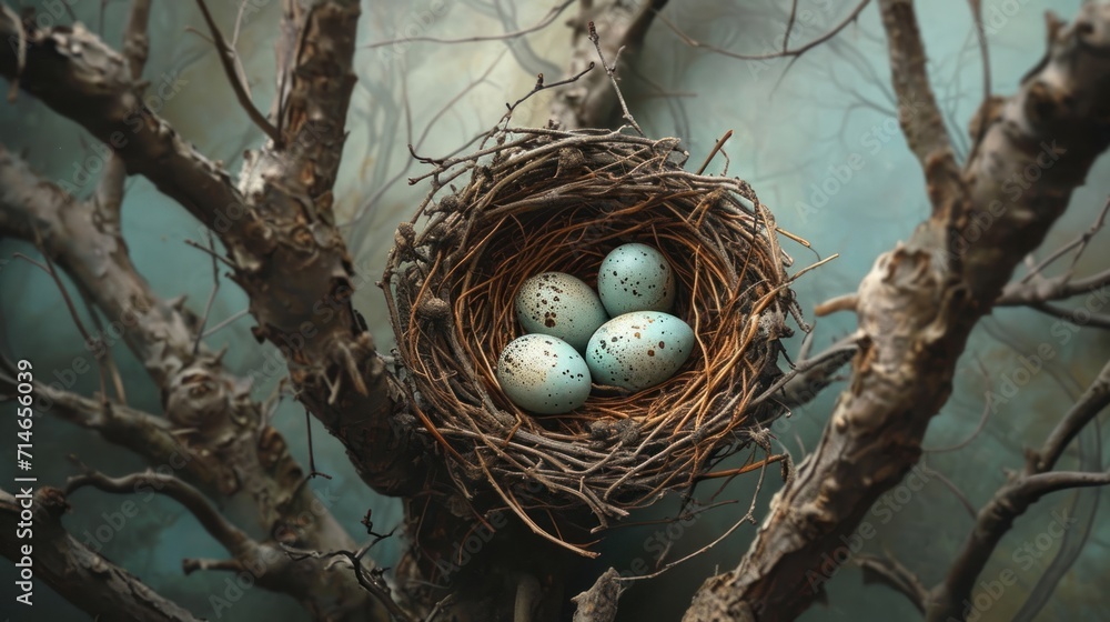 a bird's nest with four eggs sitting on a branch in the middle of a bare tree in front of a foggy, blue, foggy sky. a bird's nest with four eggs sitting on a branch in the middle of a bare tree in front of a foggy, blue, foggy sky.
