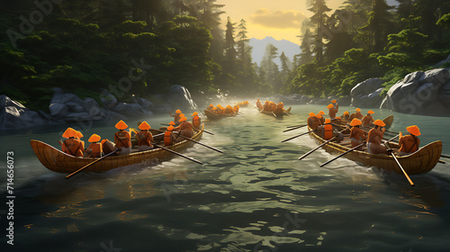 An orange canoe racing on a river.