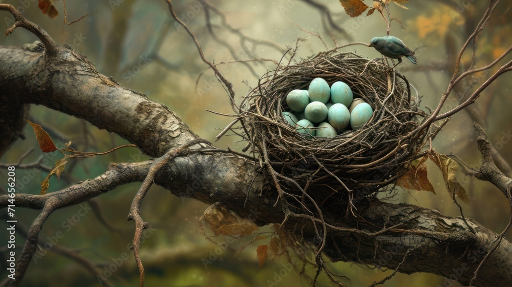  a bird nest filled with blue eggs sitting on top of a tree branch in the middle of a forest filled with leafy branches and a bird's nest filled with blue eggs.