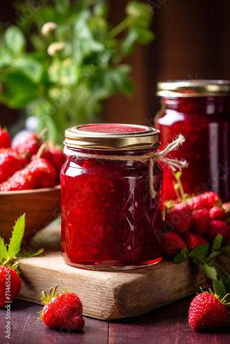 strawberry jam in a glass jar. strawberry jam on a wooden background. Delicious natural marmalade