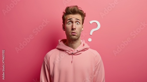 a magazine cover, minimalist photo, a man of 25 years old, wearing sweatshirt, question symbol, question gesture, worried FACE EXPRESSION, solid color, background, Arri style, clean background 