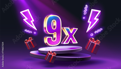 9x winner banner, promotion flyer, prize label. Vector illustration