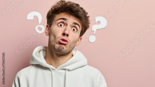 a magazine cover, minimalist photo, a man of 25 years old, wearing sweatshirt, question symbol, question gesture, worried FACE EXPRESSION, solid color, background, Arri style, clean background  photo