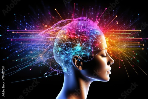 human brain colorful neuronal fire colored neuronal network Kaleidoscopic, short long term memory, Vivid Motley Neon 3D Rendering, Creative mind processing stimuli, brain's neurons fire, deep learning