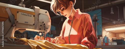 Worker woman useing sewing machine in factory. copy space for text.