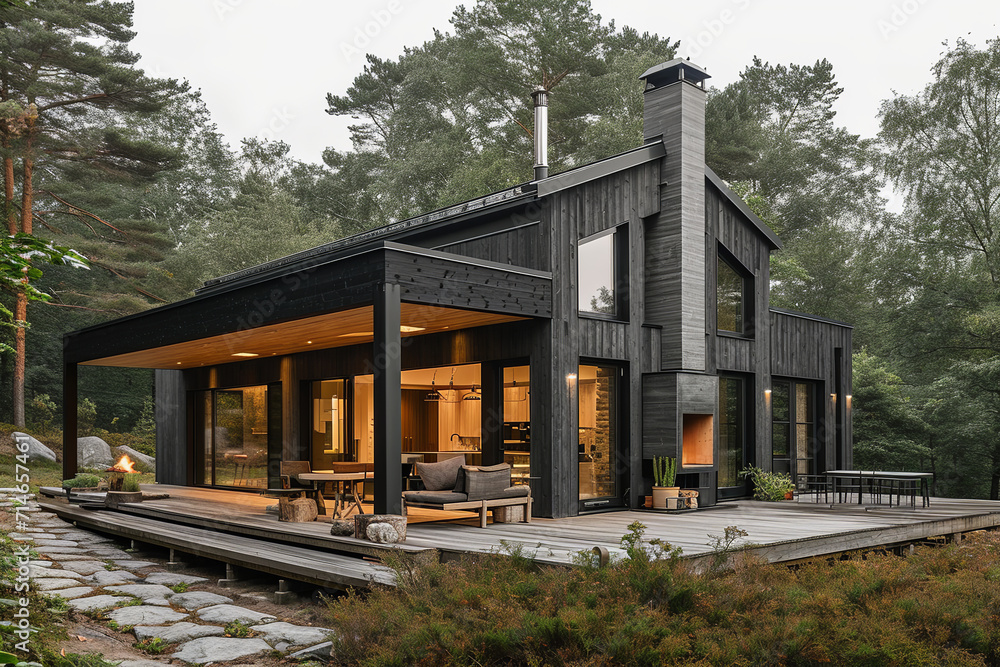 Fototapeta premium Scandinavian style modern cottage in autumn with large windows, terrace, landscape design, trees, forest background