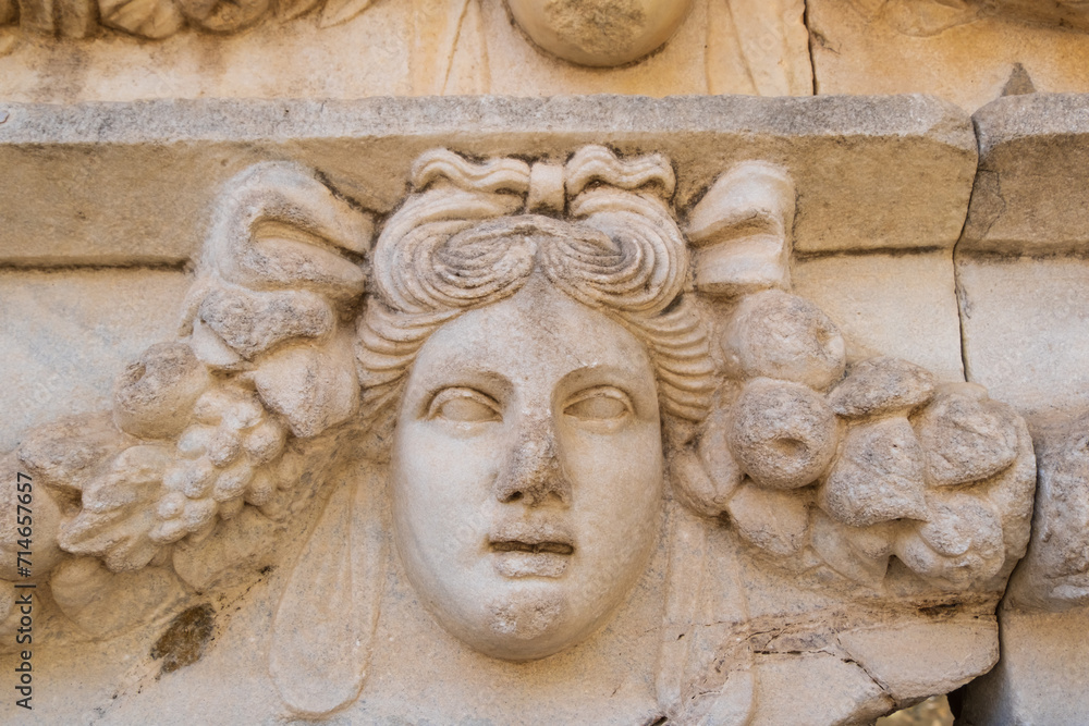 Sculpted Greek mask recovered from the ruins of the theater of Aphrodisias ancient city Aydin, Turkey Sculpted Greek mask recovered from the ruins of the theater of Aphrodisias ancient city Aydin, Turkey
