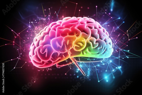 human brain colorful neuronal fire colored neuronal network Kaleidoscopic, short long term memory, Vivid Motley Neon 3D Rendering, Creative mind processing stimuli, brain's neurons fire, deep learning